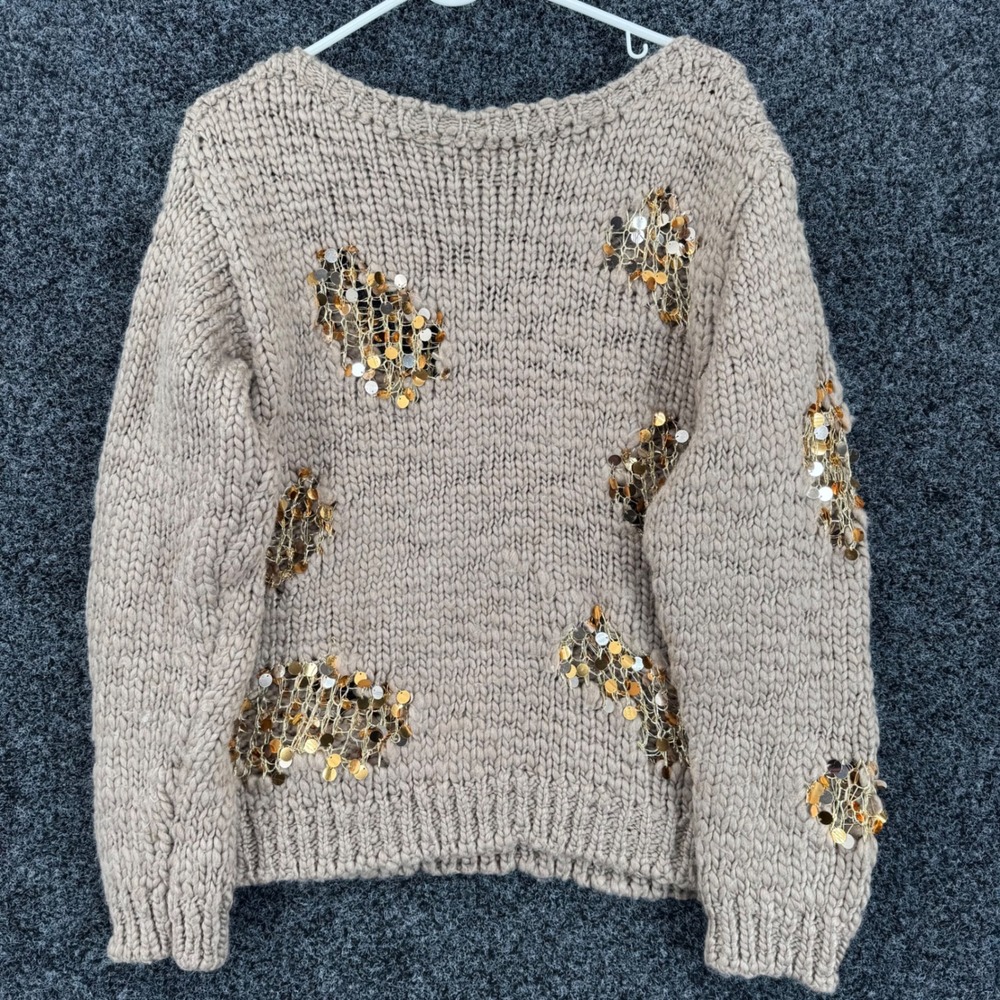 Zara Womens Beige Chunky Knit Sequin Distressed Sweater Size S Taupe Pullover